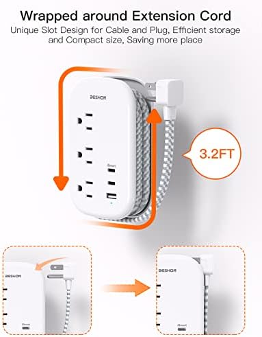 416Uks7mDlL._AC_.jpg BESHON Flat Plug Power Strip, 3 Outlets with 3 USB Ports(2 USB C), Ultra Flat 3.2ft Wrapped Around Extension Cord for Cruise Ship, Travel, Dorm Room Essentials
