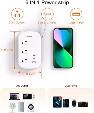 41bhMZsObkL._AC_.jpg BESHON Flat Plug Power Strip, 3 Outlets with 3 USB Ports(2 USB C), Ultra Flat 3.2ft Wrapped Around Extension Cord for Cruise Ship, Travel, Dorm Room Essentials