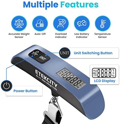 514ihVWNifL._AC_.jpg Etekcity Luggage Scale, Travel Essentials, Digital Weight Scales for Travel Accessories, Portable Handheld Scale with Temperature Sensor, Rubber Paint, 110 Pounds, Battery Included