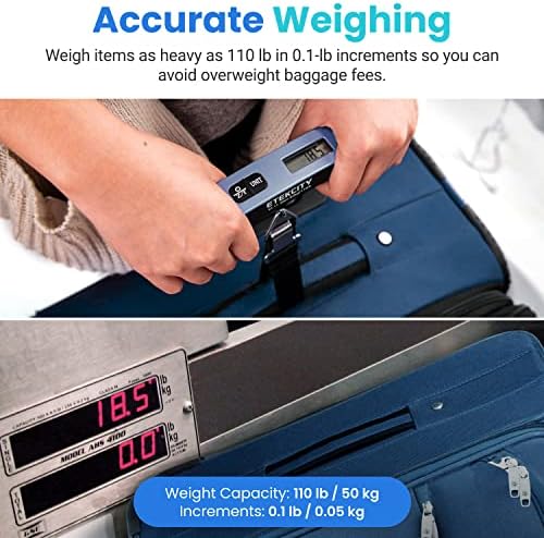 51o0MVyqmNL._AC_.jpg Etekcity Luggage Scale, Travel Essentials, Digital Weight Scales for Travel Accessories, Portable Handheld Scale with Temperature Sensor, Rubber Paint, 110 Pounds, Battery Included