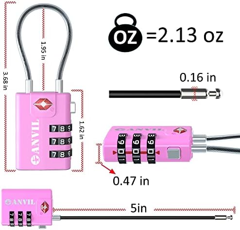 ANVIL TSA Approved Cable Luggage Locks 3 Digit Combination Padlock with Zinc Alloy Steel Cable Lock Ideal for Travel Suitcase, Backpack, Lockers,Case,Toolbox (2, Pink)