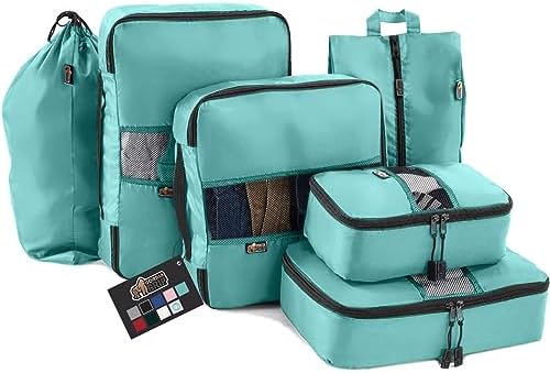 41WchceEWOL._AC_.jpg Gorilla Grip 6 Piece Packing Cubes Set, Compression Space Saving Organizers for Suitcases and Luggage, Mesh Window Bags, Travel Essentials for Carry On, Clothes and Shoes, Cube with Zipper, Turquoise