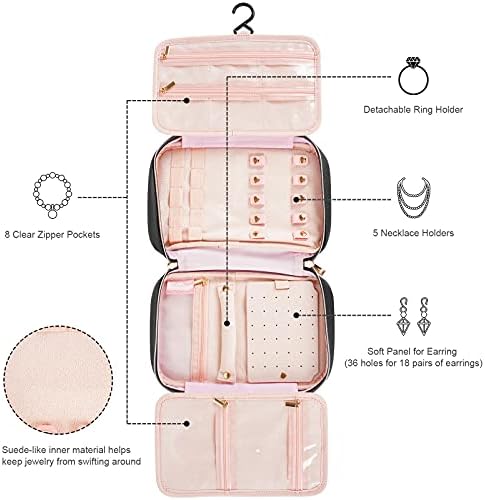 41e45NmNhpL._AC_.jpg MATEIN Jewelry Travel Organizer, Tangle Free Necklace Storage Bag for Women Hanging Travel Case with Handle for Jewelry Accessories Faux Leather Clutch Bag for Earrings, Rings, Bracelets, Black