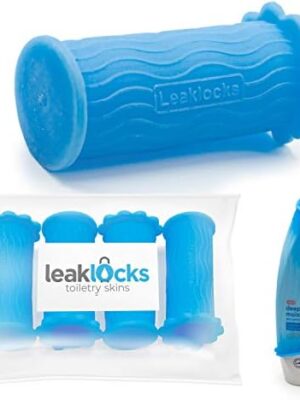 41yleVmfDIL._AC_.jpg LeakLocks® Toiletry Skins™ 4 Pack Elastic Sleeve for Leak Proofing Travel Container in Luggage. For Standard and Travel Sized Toiletries. Reusable Accessory for Travel Bag Suitcase and Carry-on