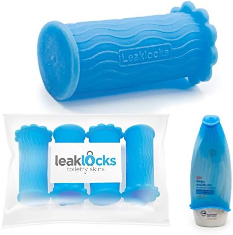 41yleVmfDIL._AC_.jpg LeakLocks® Toiletry Skins™ 4 Pack Elastic Sleeve for Leak Proofing Travel Container in Luggage. For Standard and Travel Sized Toiletries. Reusable Accessory for Travel Bag Suitcase and Carry-on