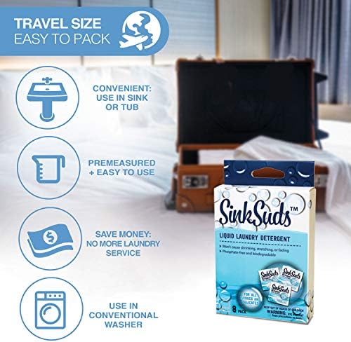 51ESSRXktGL._AC_.jpg SinkSuds Laundry Detergent | Travel Size Liquid Soap | TSA Compliant | Safe For All Fabrics | 8 Packets