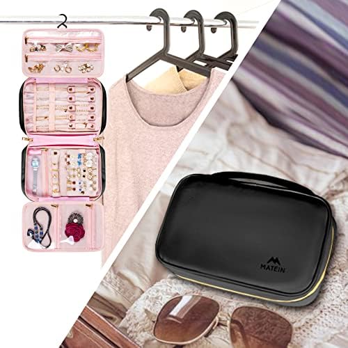 51EiA0Y5LrL._AC_.jpg MATEIN Jewelry Travel Organizer, Tangle Free Necklace Storage Bag for Women Hanging Travel Case with Handle for Jewelry Accessories Faux Leather Clutch Bag for Earrings, Rings, Bracelets, Black