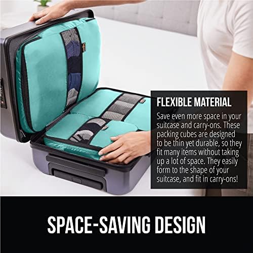 51FwyJRPF5L._AC_.jpg Gorilla Grip 6 Piece Packing Cubes Set, Compression Space Saving Organizers for Suitcases and Luggage, Mesh Window Bags, Travel Essentials for Carry On, Clothes and Shoes, Cube with Zipper, Turquoise