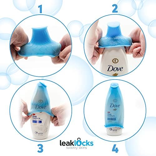 51GvS7eoGPL._AC_.jpg LeakLocks® Toiletry Skins™ 4 Pack Elastic Sleeve for Leak Proofing Travel Container in Luggage. For Standard and Travel Sized Toiletries. Reusable Accessory for Travel Bag Suitcase and Carry-on