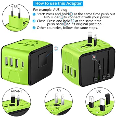 51fd6ncK4cL._AC_.jpg SAUNORCH Universal International Travel Power Adapter W/High Speed 2.4A USB-A, 3.0A Type-C Wall Charger, European Adapter, Worldwide AC Outlet Plugs Adapters for Europe, UK, US, AU, Asia-Green