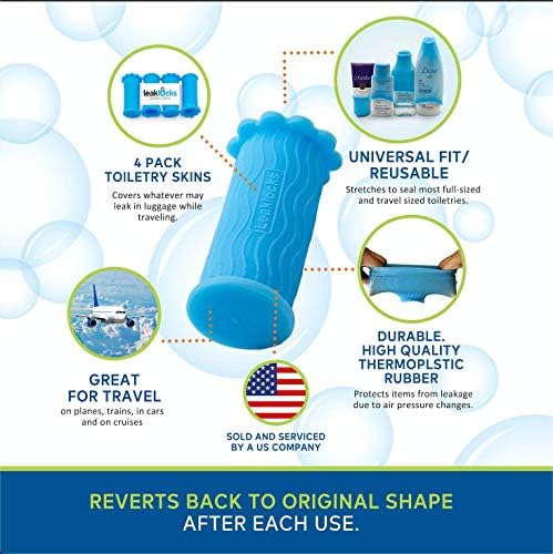 51iTg7wIKkL._AC_.jpg LeakLocks® Toiletry Skins™ 4 Pack Elastic Sleeve for Leak Proofing Travel Container in Luggage. For Standard and Travel Sized Toiletries. Reusable Accessory for Travel Bag Suitcase and Carry-on
