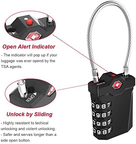51rQ8yEM5L._AC_.jpg ZHEGE Luggage Locks TSA Approved, 4 Dight Combination Lock with Flexible Cable, Open Alert Indicator, White Number for School Gym Locker, Backpacks, Suitcase (Black)