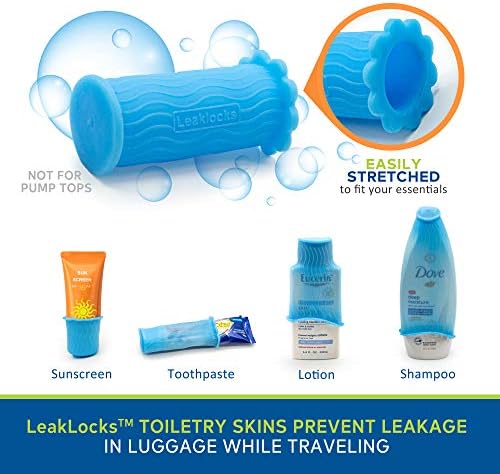 51xS73F8TiL._AC_.jpg LeakLocks® Toiletry Skins™ 4 Pack Elastic Sleeve for Leak Proofing Travel Container in Luggage. For Standard and Travel Sized Toiletries. Reusable Accessory for Travel Bag Suitcase and Carry-on