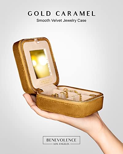 410c1ItmTL._AC_.jpg Benevolence LA Plush Velvet Travel Jewelry Storage Box | Travel Jewelry Case Small Jewelry Box for Women | Jewelry Travel Organizer | Earring Organizer with Mirror - Gold Caramel Velvet