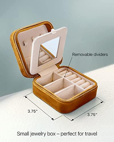 410yeEoStkL._AC_.jpg Benevolence LA Plush Velvet Travel Jewelry Storage Box | Travel Jewelry Case Small Jewelry Box for Women | Jewelry Travel Organizer | Earring Organizer with Mirror - Gold Caramel Velvet
