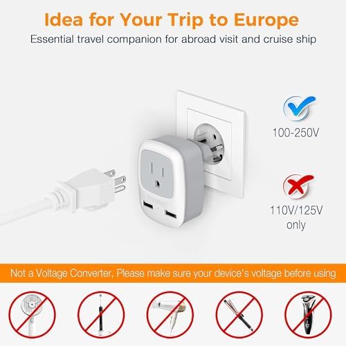 41I6TcKlhnL._AC_.jpg European Travel Plug Adapter, TESSAN International Power Plug with 2 USB, Type C Outlet Adaptor Charger for US to Most of Europe EU Iceland Spain Italy France Germany
