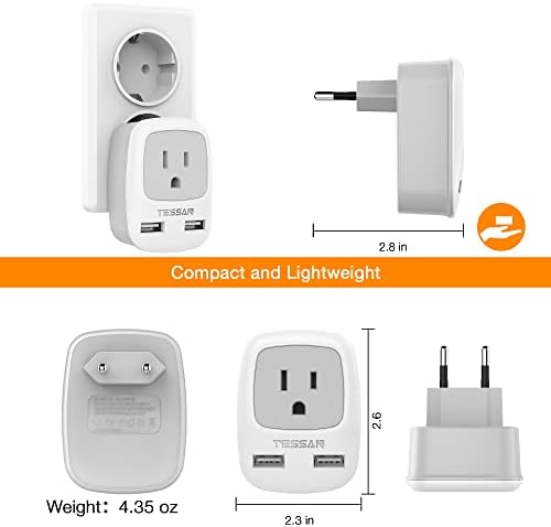 41YZwTx4pQL._AC_.jpg European Travel Plug Adapter, TESSAN International Power Plug with 2 USB, Type C Outlet Adaptor Charger for US to Most of Europe EU Iceland Spain Italy France Germany
