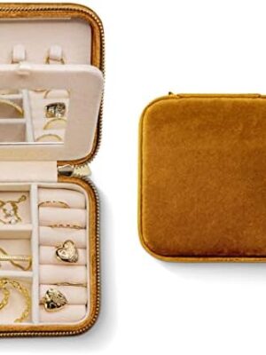 41j9ZsTceUL._AC_.jpg Benevolence LA Plush Velvet Travel Jewelry Storage Box | Travel Jewelry Case Small Jewelry Box for Women | Jewelry Travel Organizer | Earring Organizer with Mirror - Gold Caramel Velvet