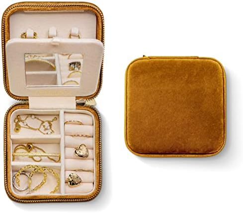 41j9ZsTceUL._AC_.jpg Benevolence LA Plush Velvet Travel Jewelry Storage Box | Travel Jewelry Case Small Jewelry Box for Women | Jewelry Travel Organizer | Earring Organizer with Mirror - Gold Caramel Velvet
