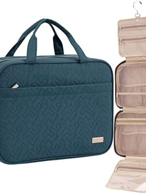 41kODMIFbrL.jpg NISHEL Travel Toiletry Bag for women, Portable Hanging Organizer for Full-Sized Shampoo, Conditioner, Brushes Set, Travel-Size Accessories, Lake-Blue