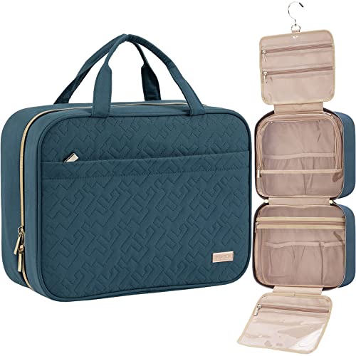 41kODMIFbrL.jpg NISHEL Travel Toiletry Bag for women, Portable Hanging Organizer for Full-Sized Shampoo, Conditioner, Brushes Set, Travel-Size Accessories, Lake-Blue
