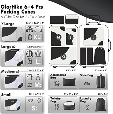 510-0tVXYvL._AC_.jpg ALL INCLUDED 10 Set Durable Packing Cubes for Suitcases,OlarHike Travel Essentials,UPGRADED Anti-Tear Stitching, NEW Improved Luggage Packing Organizers for Travel Accessories(Black)