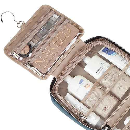 512MmASonhL.jpg NISHEL Travel Toiletry Bag for women, Portable Hanging Organizer for Full-Sized Shampoo, Conditioner, Brushes Set, Travel-Size Accessories, Lake-Blue