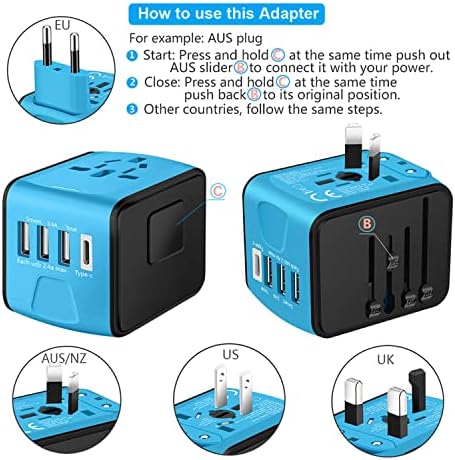 514JFwq6TlL._AC_.jpg SAUNORCH Travel Adapter Worldwide, Universal International Power Plug Adapter W/2.4A 3xUSB-A and 3.0A Type-C Wall Charger, European Travel Plug Adapter for Europe UK EU US CA AU Italy Asia-Blue
