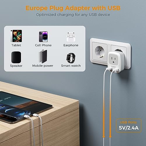 515oW0RxcJL._AC_.jpg European Travel Plug Adapter, TESSAN International Power Plug with 2 USB, Type C Outlet Adaptor Charger for US to Most of Europe EU Iceland Spain Italy France Germany