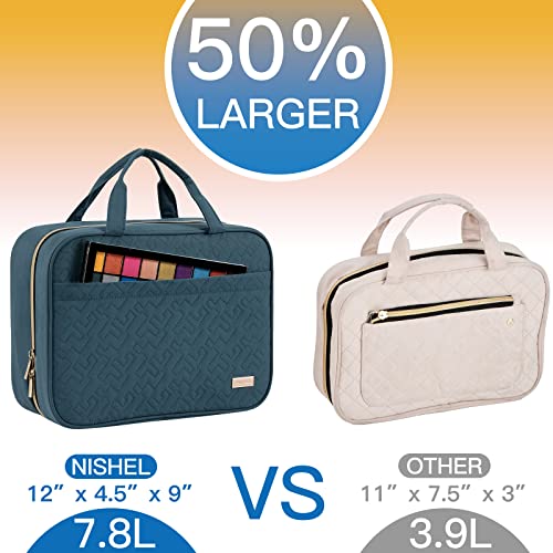 519BEEoSiIL.jpg NISHEL Travel Toiletry Bag for women, Portable Hanging Organizer for Full-Sized Shampoo, Conditioner, Brushes Set, Travel-Size Accessories, Lake-Blue