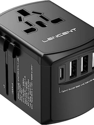 51Aj7aC2alL._AC_.jpg LENCENT Universal Travel Adapter, International Charger with 3 USB Ports and Type-C PD Fast Charging Adaptor for iPhone, Samsung, Tablet, Gopro. for Over 200 Countries Type A/C/G/I (USA, UK, EU AUS)