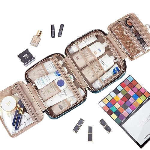 51C0qJLq0cL.jpg NISHEL Travel Toiletry Bag for women, Portable Hanging Organizer for Full-Sized Shampoo, Conditioner, Brushes Set, Travel-Size Accessories, Lake-Blue