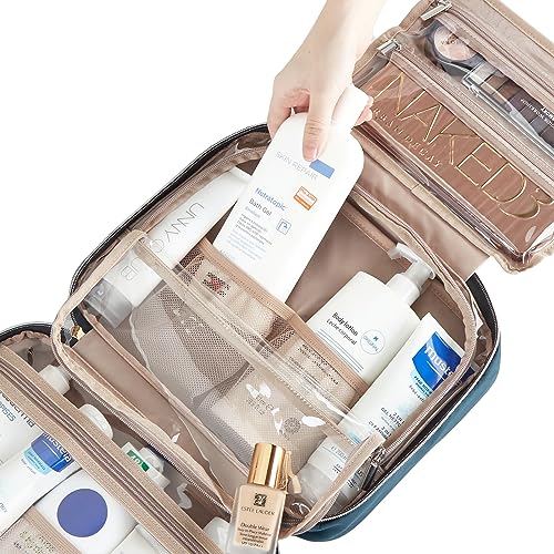 51CanxklO6L.jpg NISHEL Travel Toiletry Bag for women, Portable Hanging Organizer for Full-Sized Shampoo, Conditioner, Brushes Set, Travel-Size Accessories, Lake-Blue
