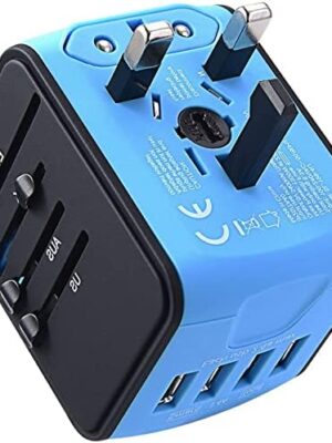 51VDT3xmh8L._AC_.jpg International Travel Adapter Universal Power Adapter Worldwide All in One 4 USB Perfect for European US, EU, UK, AU 160 Countries (Blue)