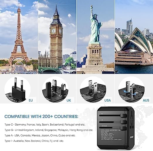 51gEMbAuVdL._AC_.jpg LENCENT Universal Travel Adapter, International Charger with 3 USB Ports and Type-C PD Fast Charging Adaptor for iPhone, Samsung, Tablet, Gopro. for Over 200 Countries Type A/C/G/I (USA, UK, EU AUS)