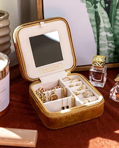 51ifneW8UWL._AC_.jpg Benevolence LA Plush Velvet Travel Jewelry Storage Box | Travel Jewelry Case Small Jewelry Box for Women | Jewelry Travel Organizer | Earring Organizer with Mirror - Gold Caramel Velvet