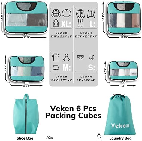51pP2KX5vcL._AC_.jpg 6 Set Packing Cubes for Suitcases, Travel Organizer Bags for Carry on Luggage, Veken Suitcase Organizer Bags Set for Travel Essentials Travel Accessories in 4 Sizes(Extra Large, Large, Medium, Small)