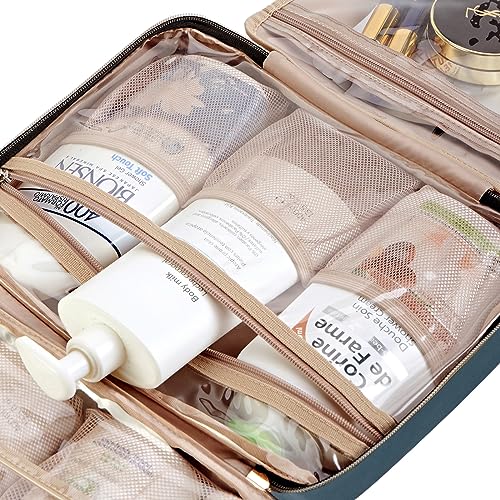 61jJtho6-wL.jpg NISHEL Travel Toiletry Bag for women, Portable Hanging Organizer for Full-Sized Shampoo, Conditioner, Brushes Set, Travel-Size Accessories, Lake-Blue
